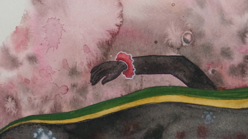 Still from The Last Dream I Saw — a painted hand lying across a landscape rendered in pink and earth-tone watercolour washes, with a severed or wounded wrist motif.