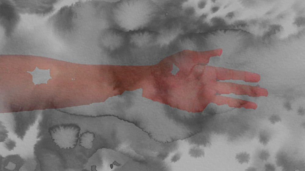 Still from The Last Dream I Saw — a woman's arm and open hand superimposed over a monochromatic watercolour wash, rendered in red and grey tones.