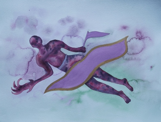 Untitled-4 (i), watercolour on paper, 16 x 12 inches, 2024. A wounded, bruised figure in motion — running or flying — trails a fragment of purple fabric outlined in gold and carries a small flag.