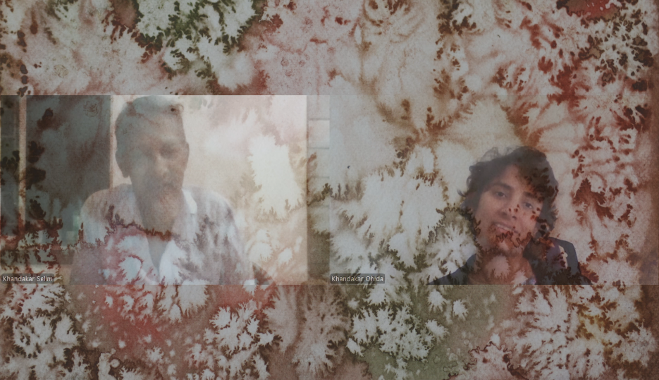 Film still — a video call between Khandakar Selim (India) and Khandakar Ohida (Netherlands) overlaid on a rich botanical textile background, visualizing the transnational dialogue at the heart of the work.